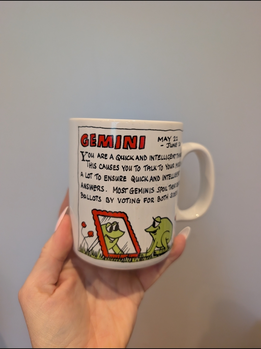 Gemini Zodiac Cartoon Mug - White with Red & Green Accents